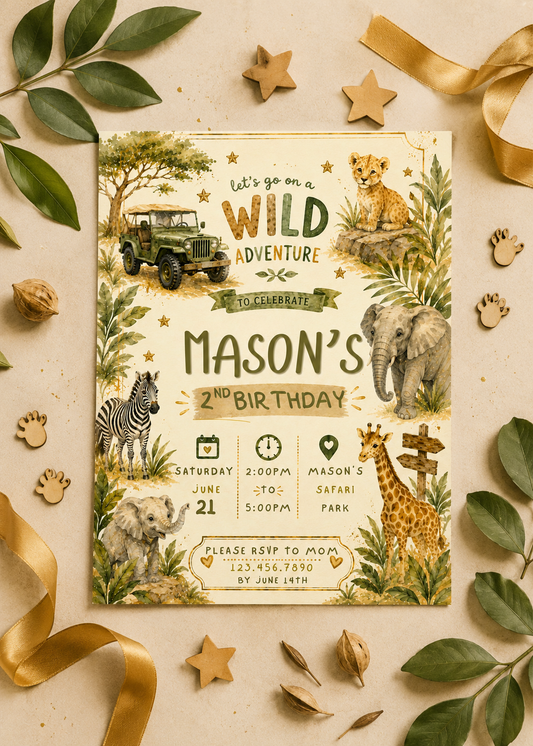 A safari-themed 2nd birthday invitation card styled in a flat lay with wooden stars, leaves, paw prints, and gold ribbons on a beige background. The card features watercolor illustrations of a jeep, lion, elephant, zebra, giraffe, and bear, with text reading 'let's go on a WILD ADVENTURE to celebrate MASON'S 2nd BIRTHDAY'.