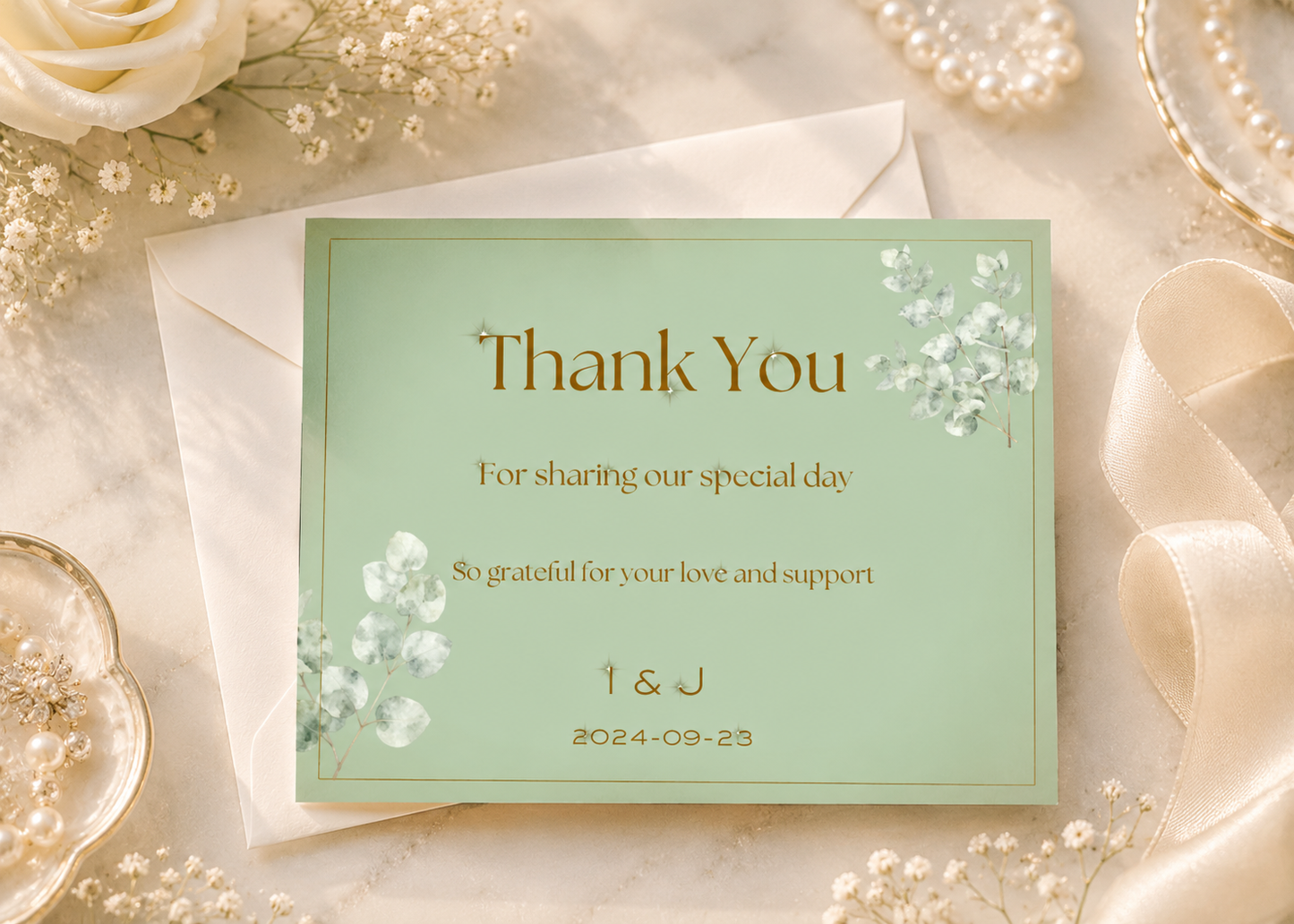 A square mint green thank you card with elegant gold and white floral illustrations, placed on top of a white envelope. The card is styled in a flat-lay arrangement with white roses, baby's breath, pearls, and a cream satin ribbon on a light marble surface.