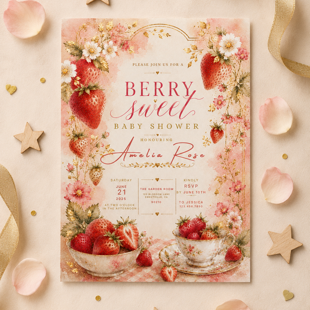 A strawberry-themed baby shower invitation card styled on a beige background with scattered pink flower petals, wooden stars, gold confetti, and gold ribbon. The card features illustrations of fresh strawberries, flowers, teacups, and elegant script text reading 'BERRY sweet BABY SHOWER' and the name 'Amelia Rose'.