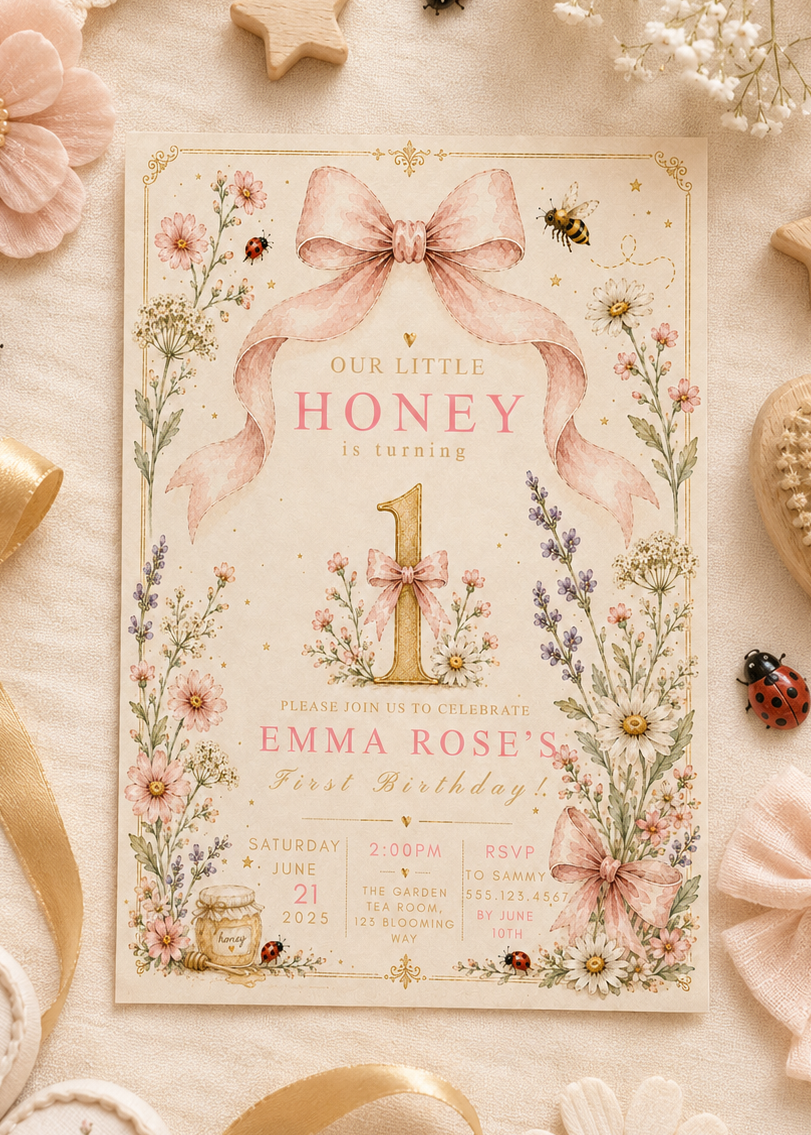 A styled flat-lay of a first birthday invitation card surrounded by baby-themed props including a gold ribbon, wooden star, daisies, baby shoes, and a brush on a cream fabric background.