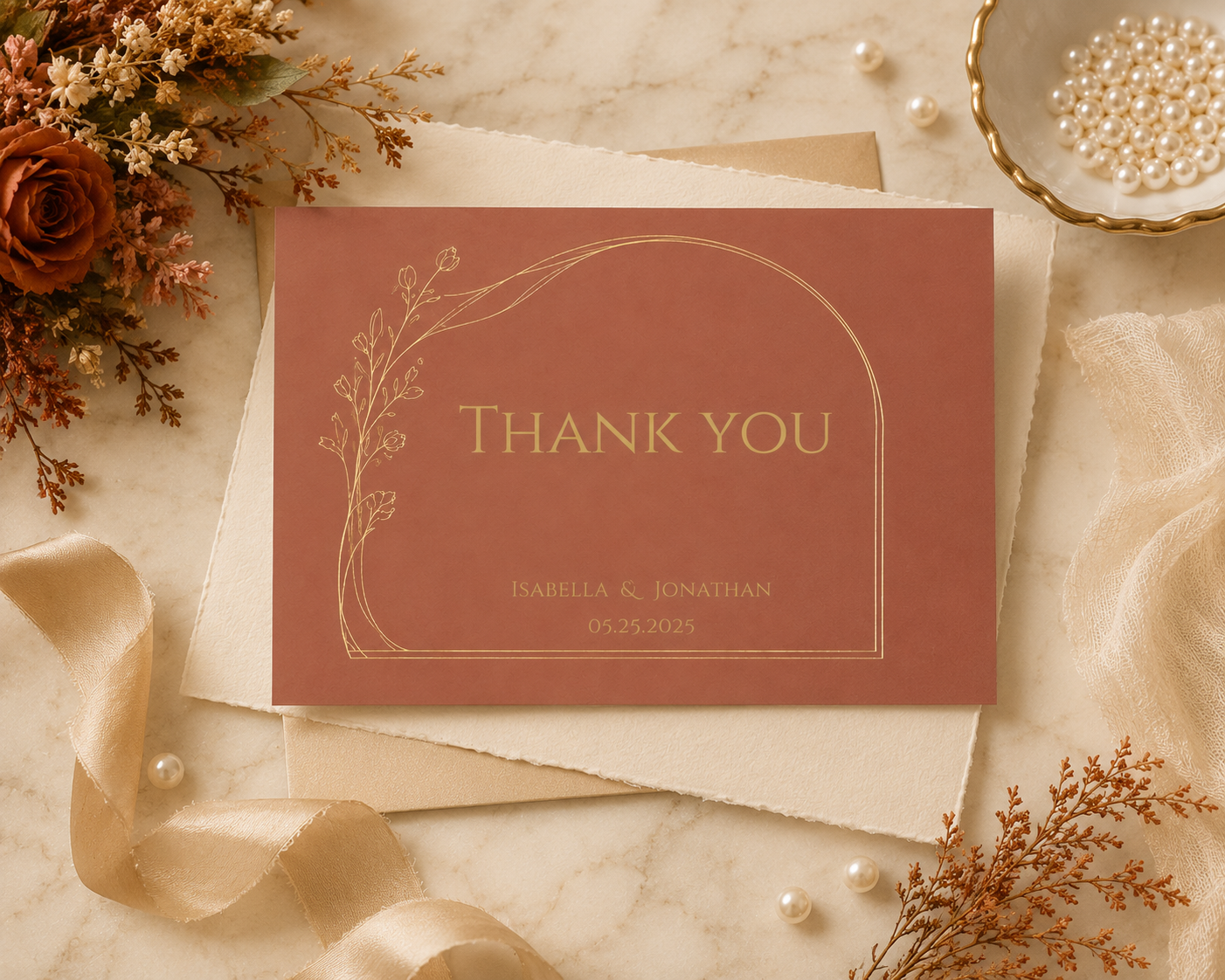 A terracotta red wedding thank you card with gold foil lettering and botanical line art, styled on cream paper with dried flowers, pearls, and a ribbon on a marble surface.