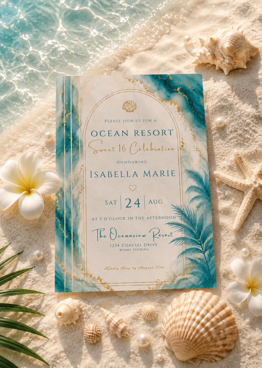 A tropical-themed wedding invitation card styled on a sandy beach with seashells, starfish, and turquoise water. The invitation features teal and gold watercolor designs with elegant typography.