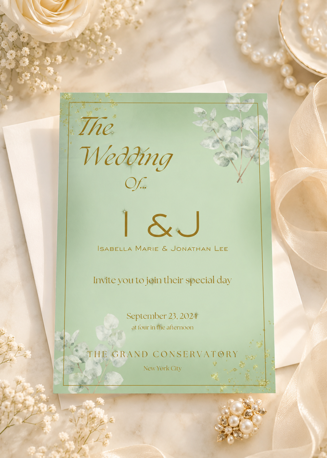 A wedding invitation card with a pale mint green background, gold script text, and delicate white floral illustrations, styled on a cream surface with pearls, dried flowers, and soft ribbon.