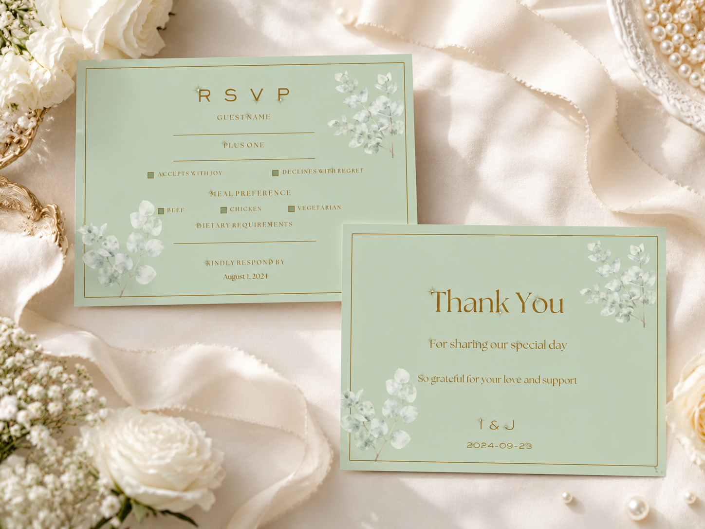 A wedding stationery set featuring a sage green RSVP card and a matching Thank You card, styled on a bed of cream satin fabric with white roses and pearl accents.
