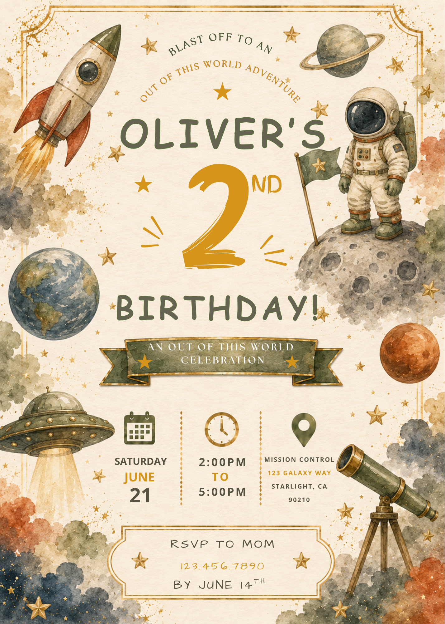 A whimsical 2nd birthday invitation card with an outer space theme, featuring watercolor illustrations of a rocket ship, astronaut, planets, stars, and a telescope on a cream-colored textured background.
