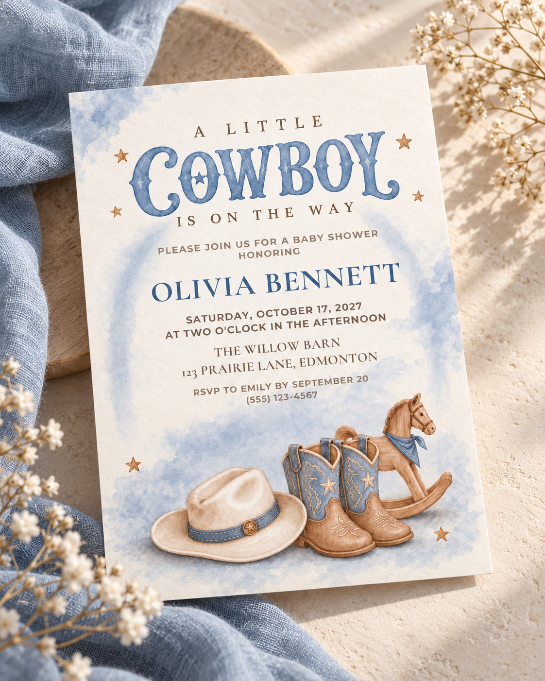 Blue Cowboy Baby Shower Invitation | Canva Template