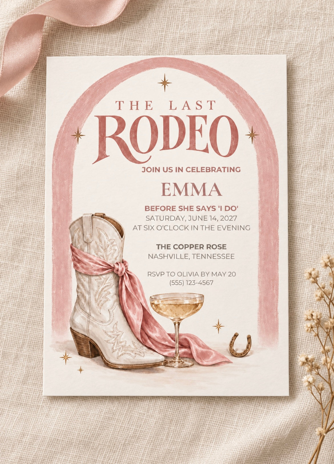 The Last Rodeo Bachelorette Party Invitation Template | Pink Western Canva Invite