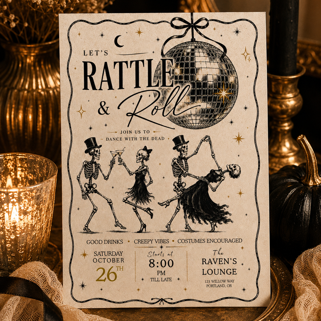 A Halloween-themed invitation card styled on a gold tray with candles, pumpkins, lace, and dried flowers in a warm, cozy setting. The card features skeleton dancers, a disco ball, and gothic text reading 'Let's Rattle & Roll'.