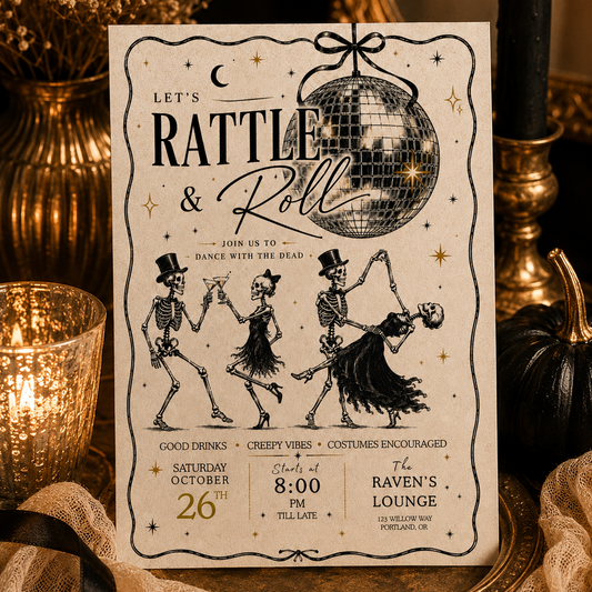 A Halloween-themed invitation card styled on a gold tray with candles, pumpkins, lace, and dried flowers in a warm, cozy setting. The card features skeleton dancers, a disco ball, and gothic text reading 'Let's Rattle & Roll'.