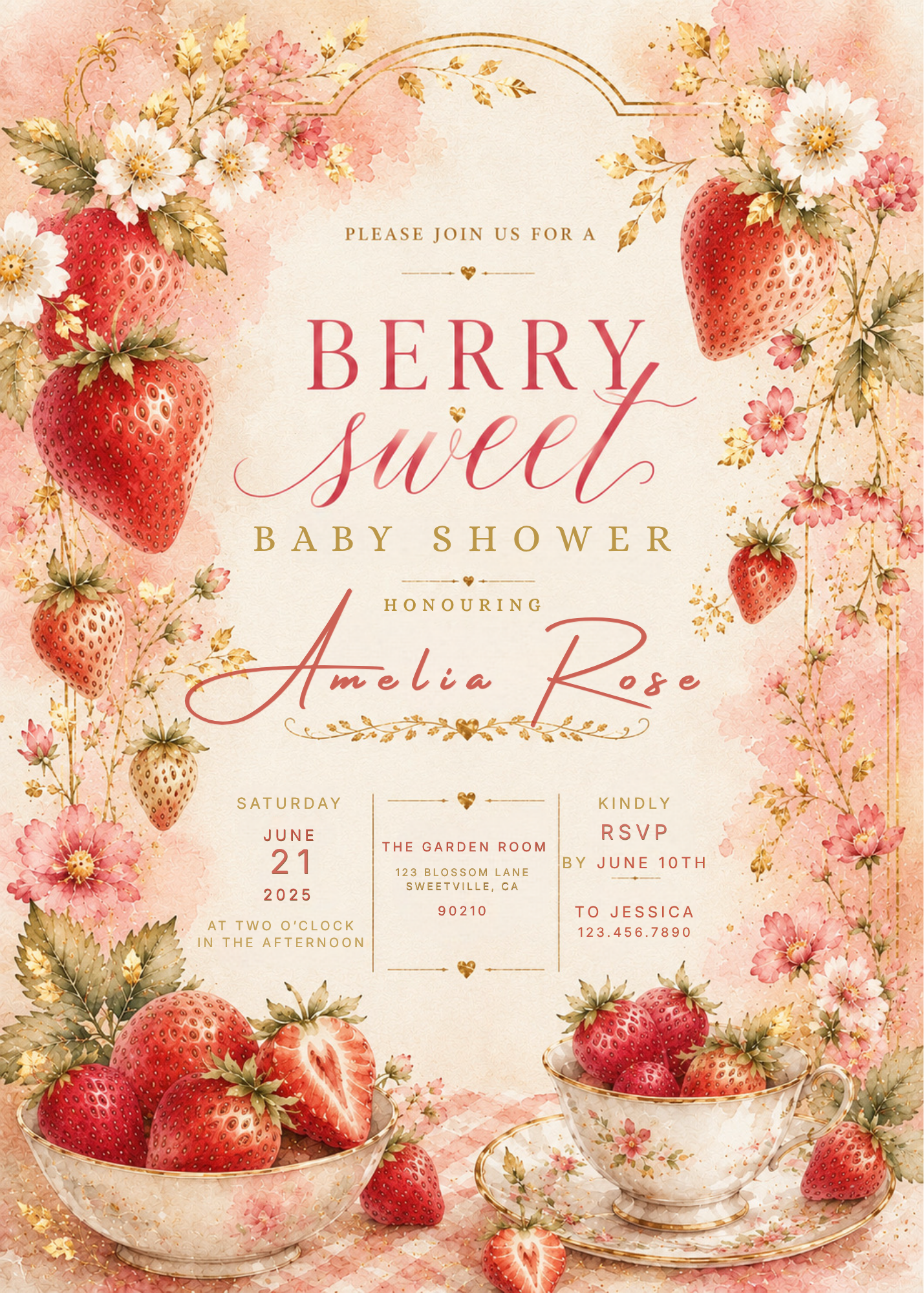A decorative baby shower invitation with a strawberry and floral theme. The design features large illustrated strawberries, white flowers, pink roses, and gold accents on a soft pink background, with the text 'BERRY sweet BABY SHOWER' and 'Honoring Amelia Rose' in the center.