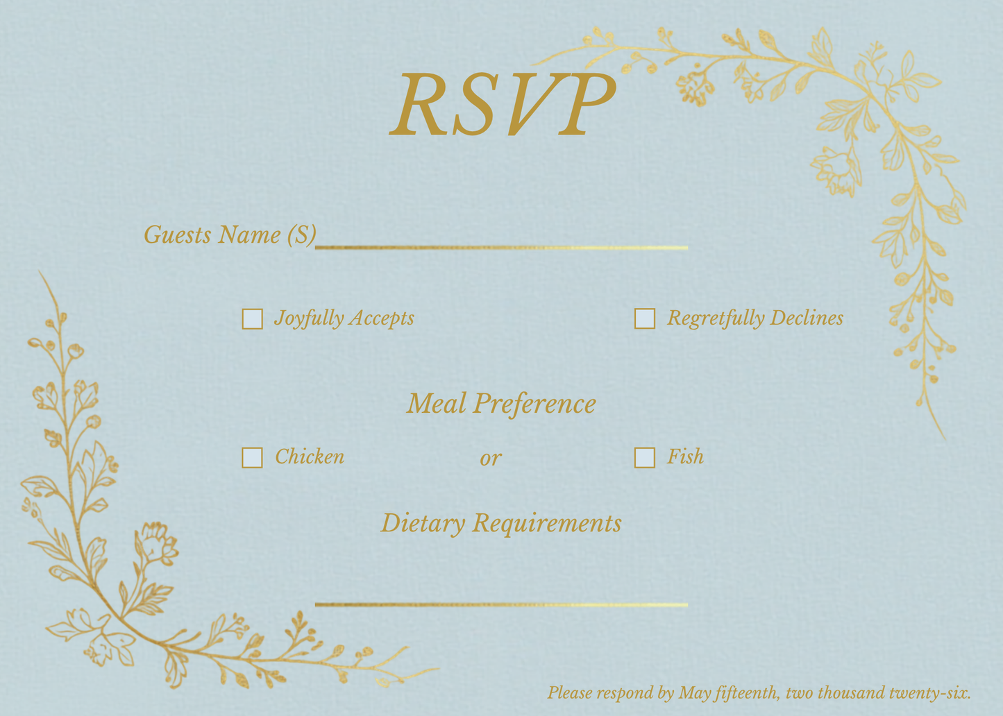 A light blue RSVP card with elegant gold floral corner borders and gold text fields for guest name, meal preference (Chicken or Fish), and dietary requirements.