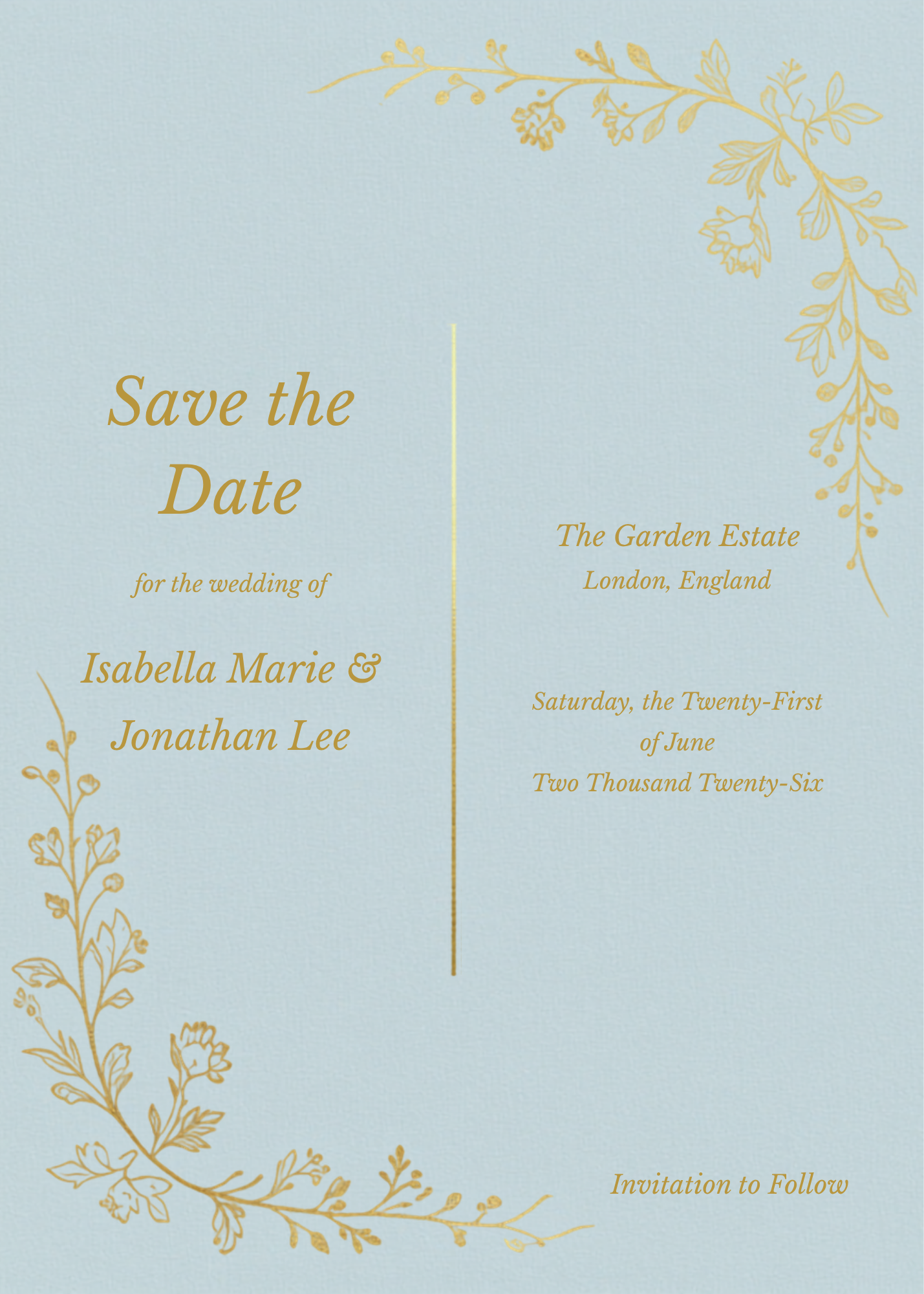 A square light blue 'Save the Date' card design with elegant gold floral corner illustrations and gold text detailing a wedding event in London, England.