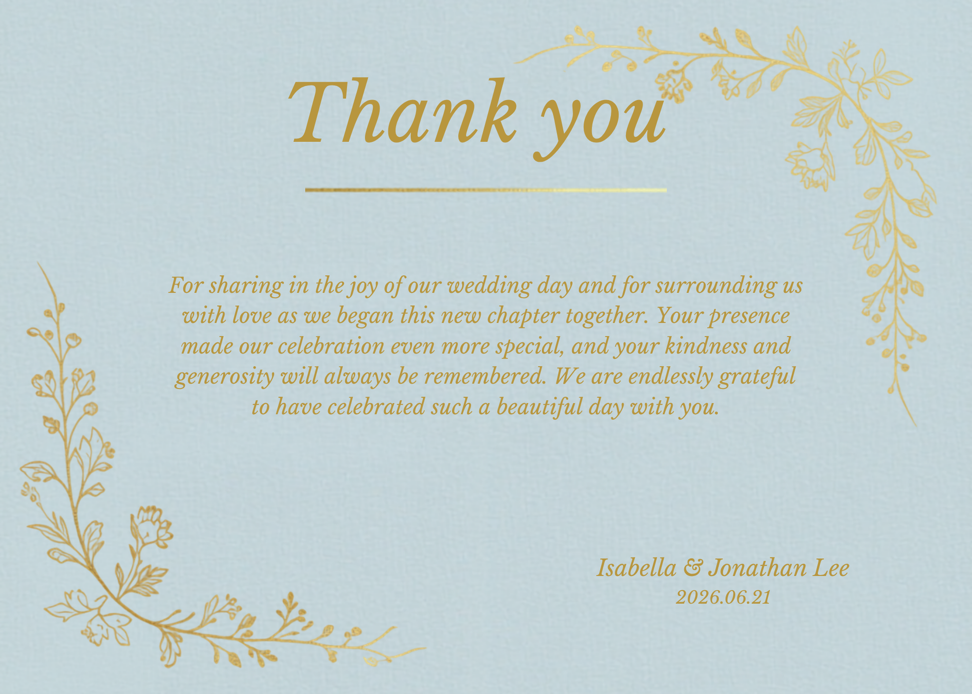 A wedding thank-you card with elegant gold floral corner illustrations and a central message of gratitude on a pale blue background. The card is personalized with the names 'Isabella & Jonathan Lee' and the date '2026.