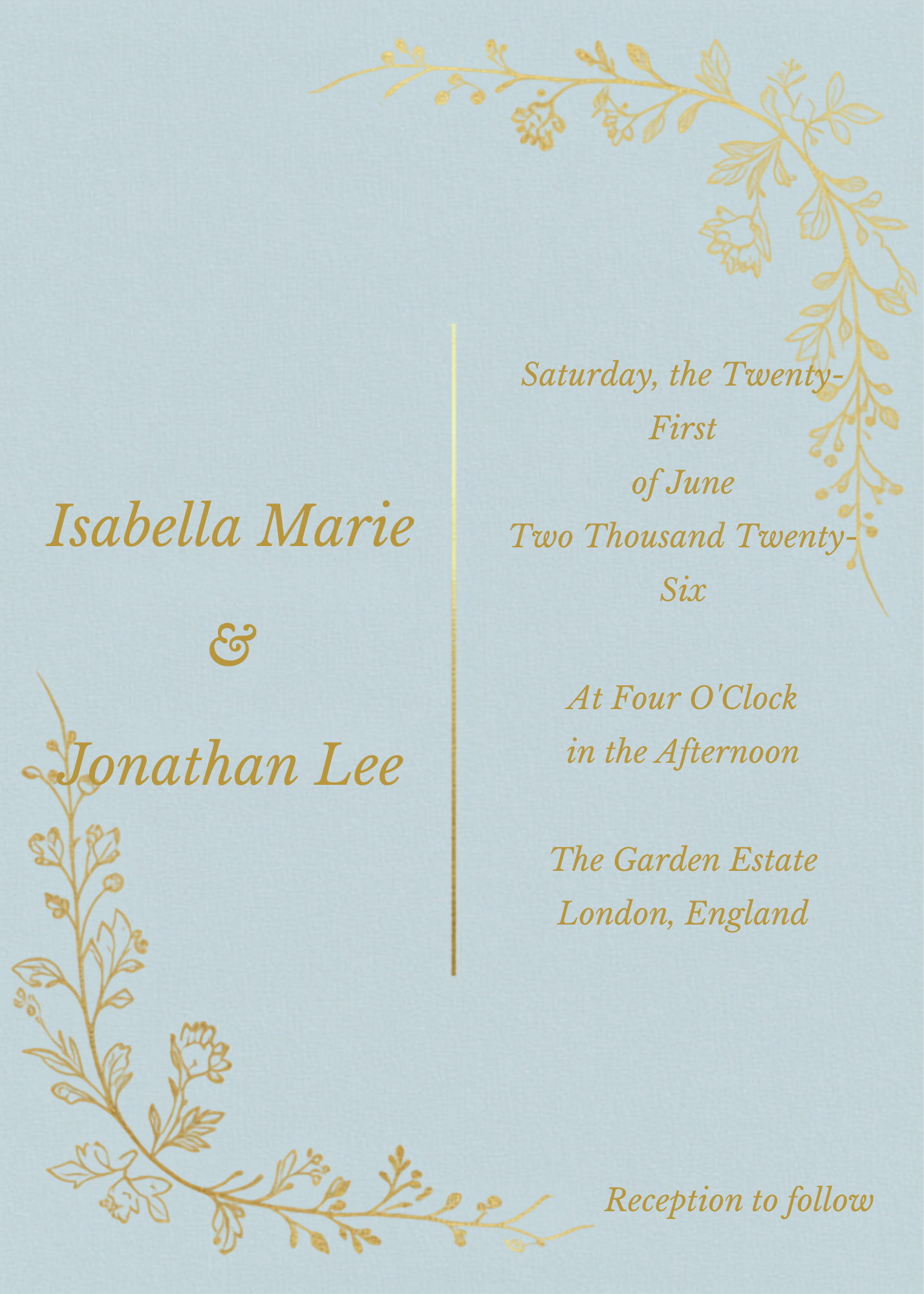 A square formal invitation card with a pale blue background and gold floral corner illustrations. The left side reads 'Isabella Marie & Jonathan Lee' in gold script, while the right side contains event details in gold serif text.