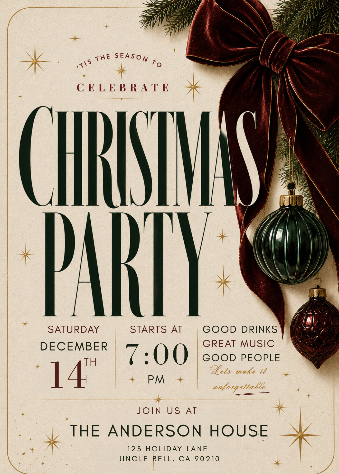 A festive Christmas party invitation card with a cream background, large dark green serif text reading 'Christmas Party,' decorative gold starbursts, pine branches, a large dark red velvet bow, and hanging ornament illustrations. Event details are printed below, including the date Saturday December 14th, start time 7:00 PM, and venue The Anderson House.