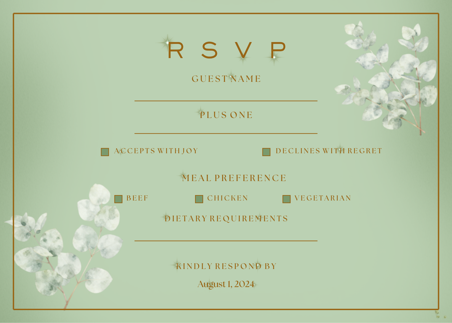 A mint green RSVP card with elegant gold typography and white floral illustrations in the corners. The card features fields for guest name, plus one, meal preference (beef, chicken, vegetarian), dietary requirements, and a response date of August 1, 2024.
