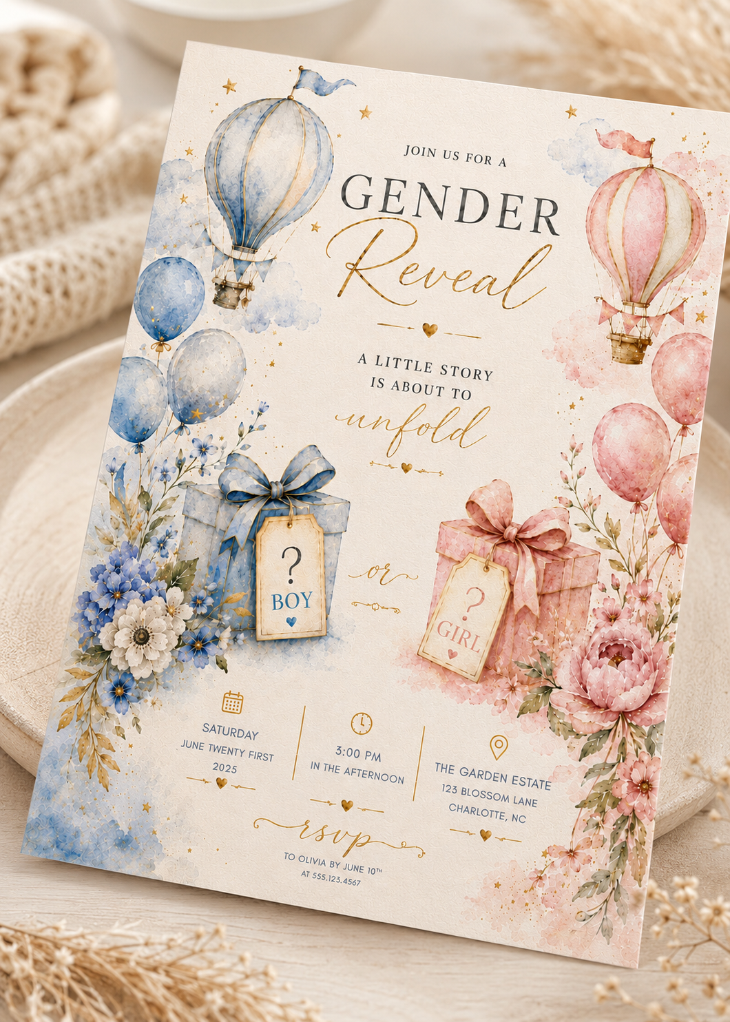 A watercolor-style gender reveal invitation card featuring pastel blue and pink hot air balloons, gift boxes with question tags, flowers, and elegant typography on a soft beige fabric background.