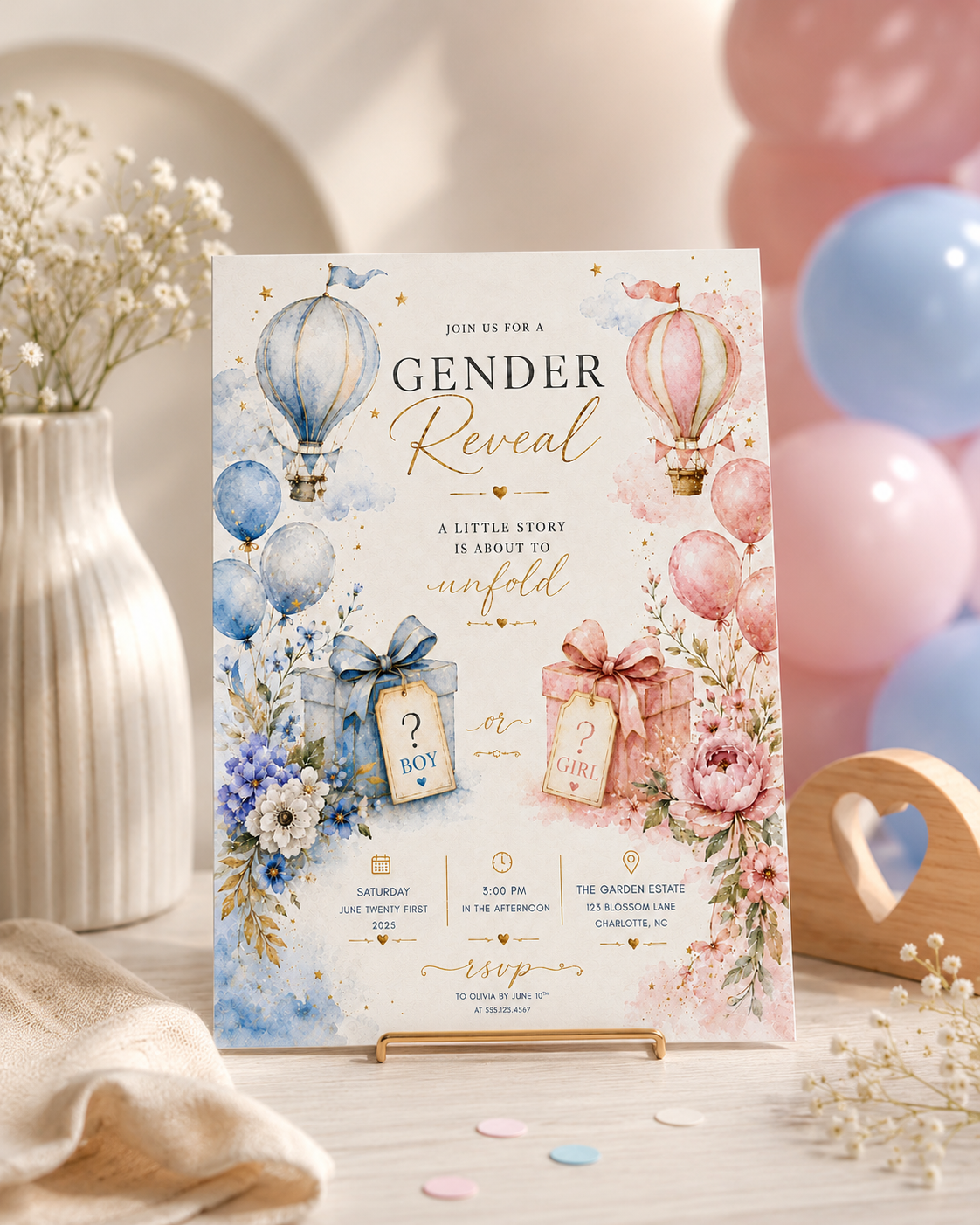 A watercolor baby shower invitation card for a gender reveal, styled on a wooden table with pastel balloons, a vase of baby's breath, and a wooden heart-shaped tray in the background.