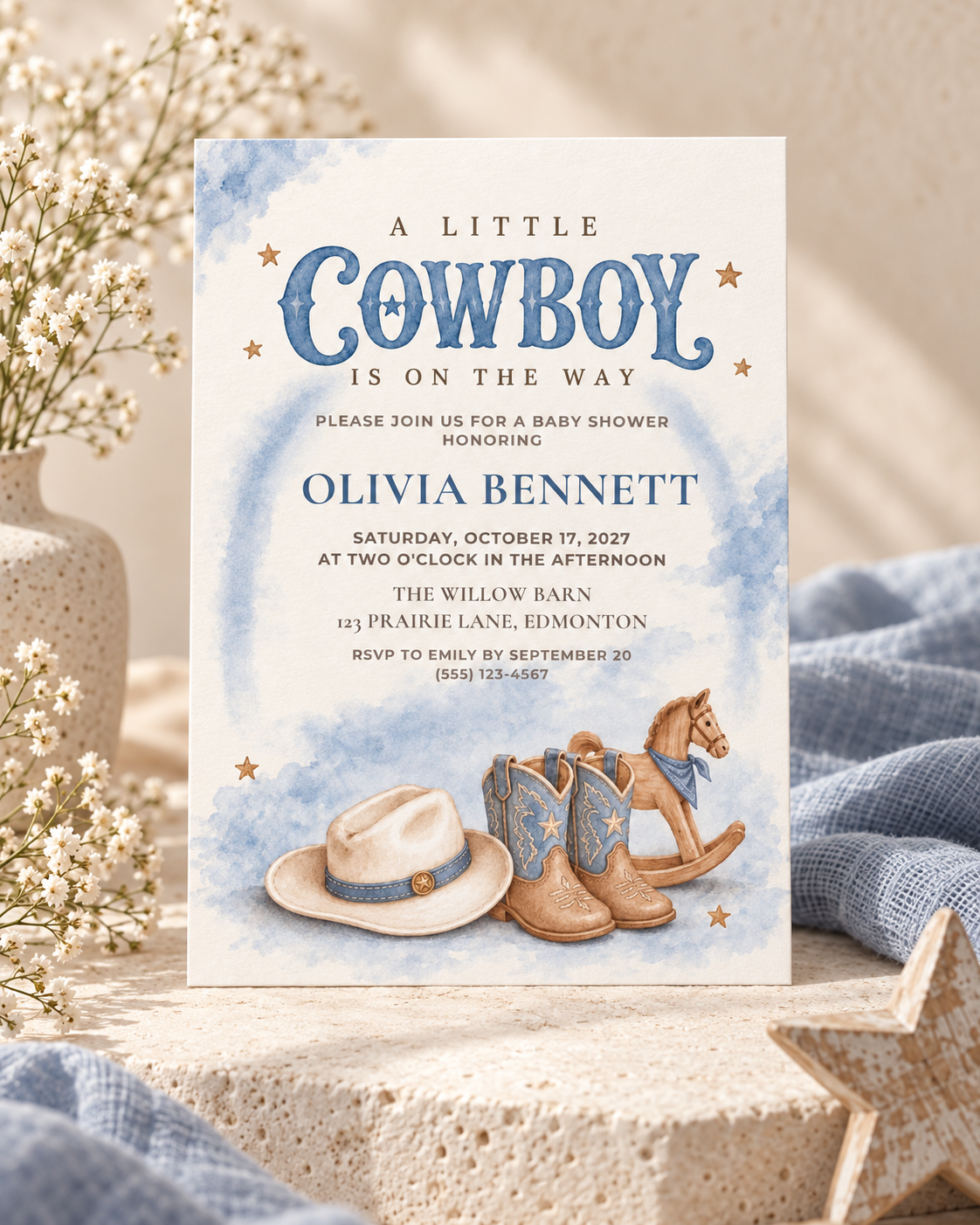 Blue Cowboy Baby Shower Invitation | Canva Template