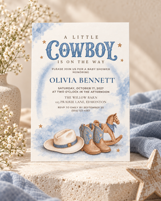 Blue Cowboy Baby Shower Invitation | Canva Template