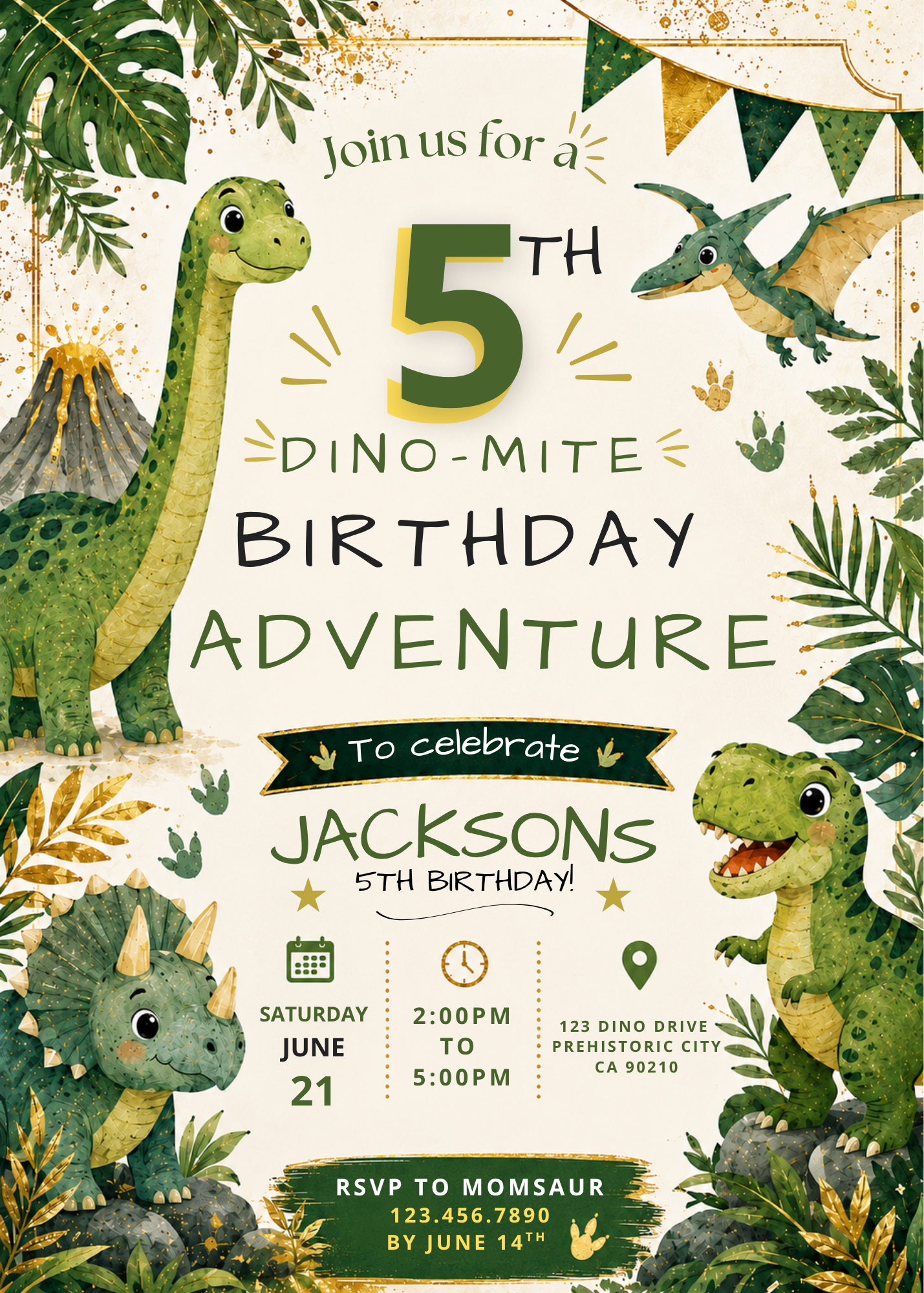 A dinosaur-themed 5th birthday party invitation card with illustrated green dinosaurs, tropical leaves, bunting, and a cream background. The text reads 'Join us for a 5th Dino-Mite Birthday Adventure' and includes event details for Jackson's 5th birthday.