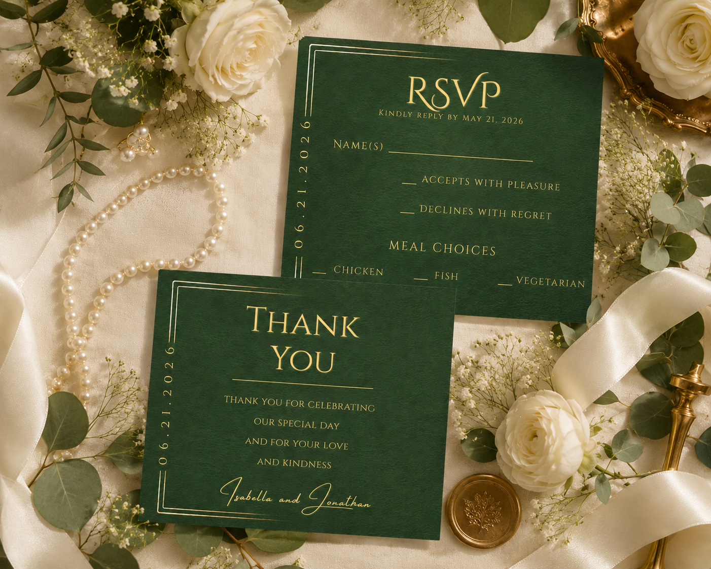 Dark green wedding invitation suite with gold lettering, styled in a flat lay with white roses, greenery, pearls, and cream satin fabric.