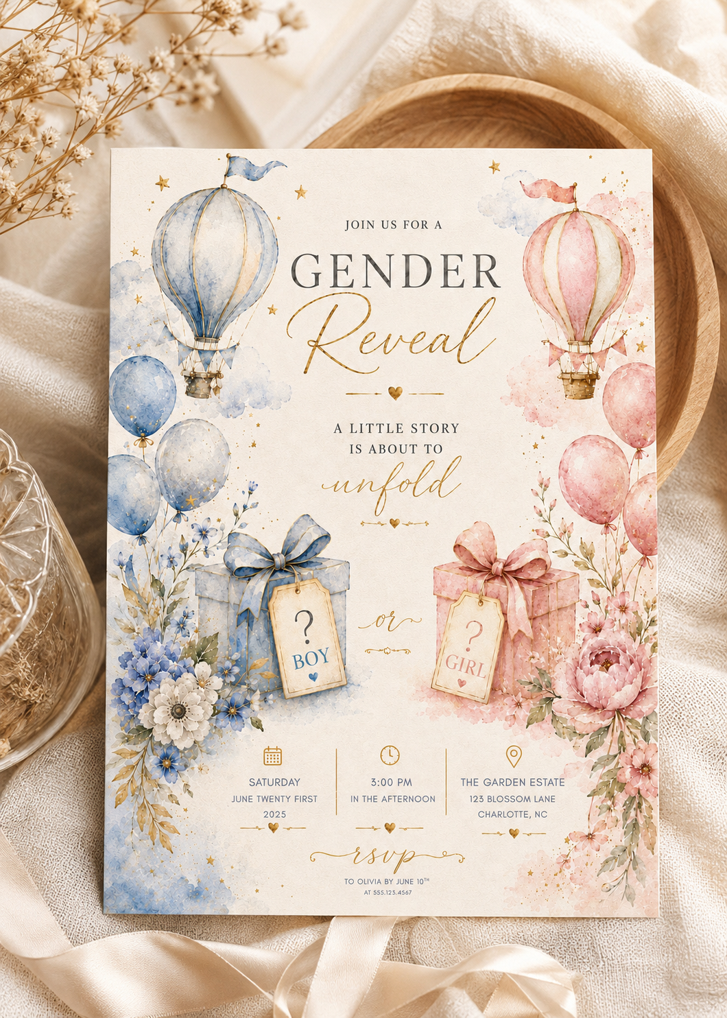 A watercolor gender reveal invitation card styled on a neutral fabric background with dried flowers and a wooden tray. The card features blue and pink hot air balloons, gift boxes with question tags, and floral accents.