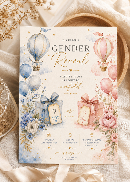 A watercolor gender reveal invitation card styled on a neutral fabric background with dried flowers and a wooden tray. The card features blue and pink hot air balloons, gift boxes with question tags, and floral accents.