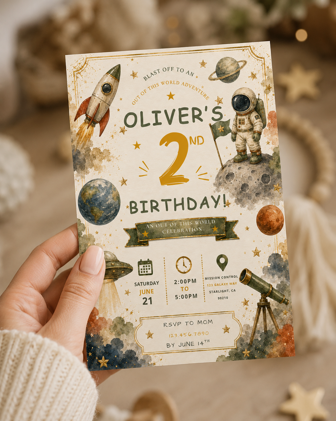 A hand holding a space-themed 2nd birthday invitation card with a warm, cozy blurred background.