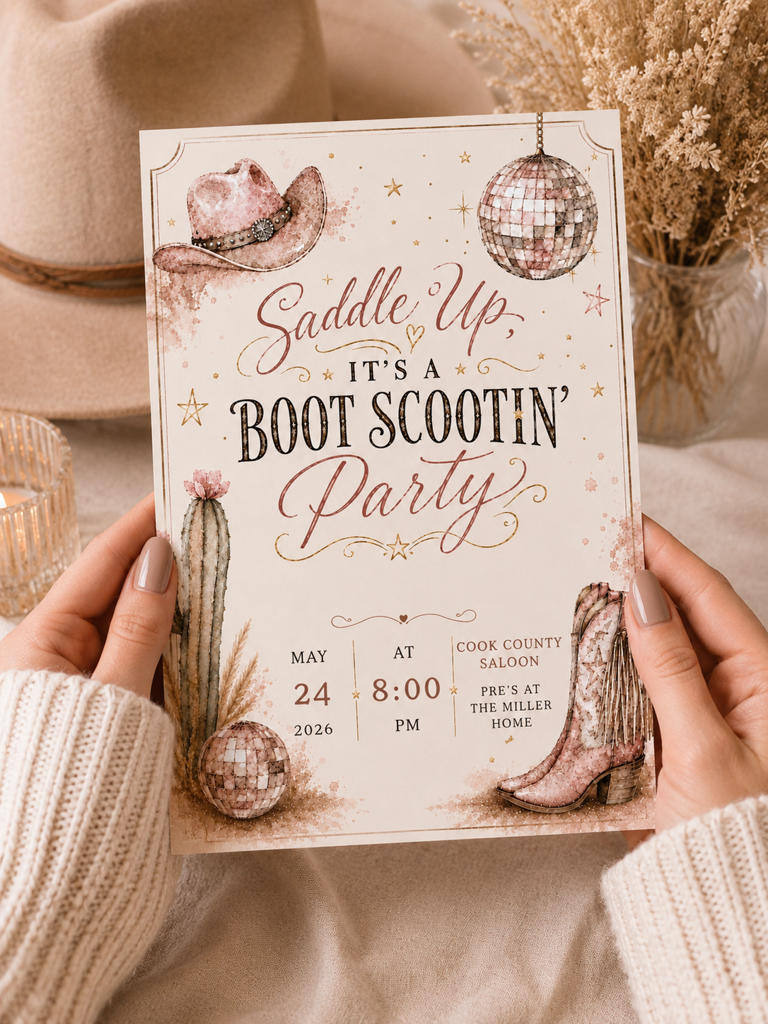 A person holds a western-themed invitation card that reads 'Saddle Up, It's a Boot Scootin' Party' with illustrations of a cowboy hat, boots, a disco ball, and a cactus. The hands holding the card have neutral manicured nails, and the background is a cozy, warm-toned setting with a beige hat, a candle, and dried flowers.