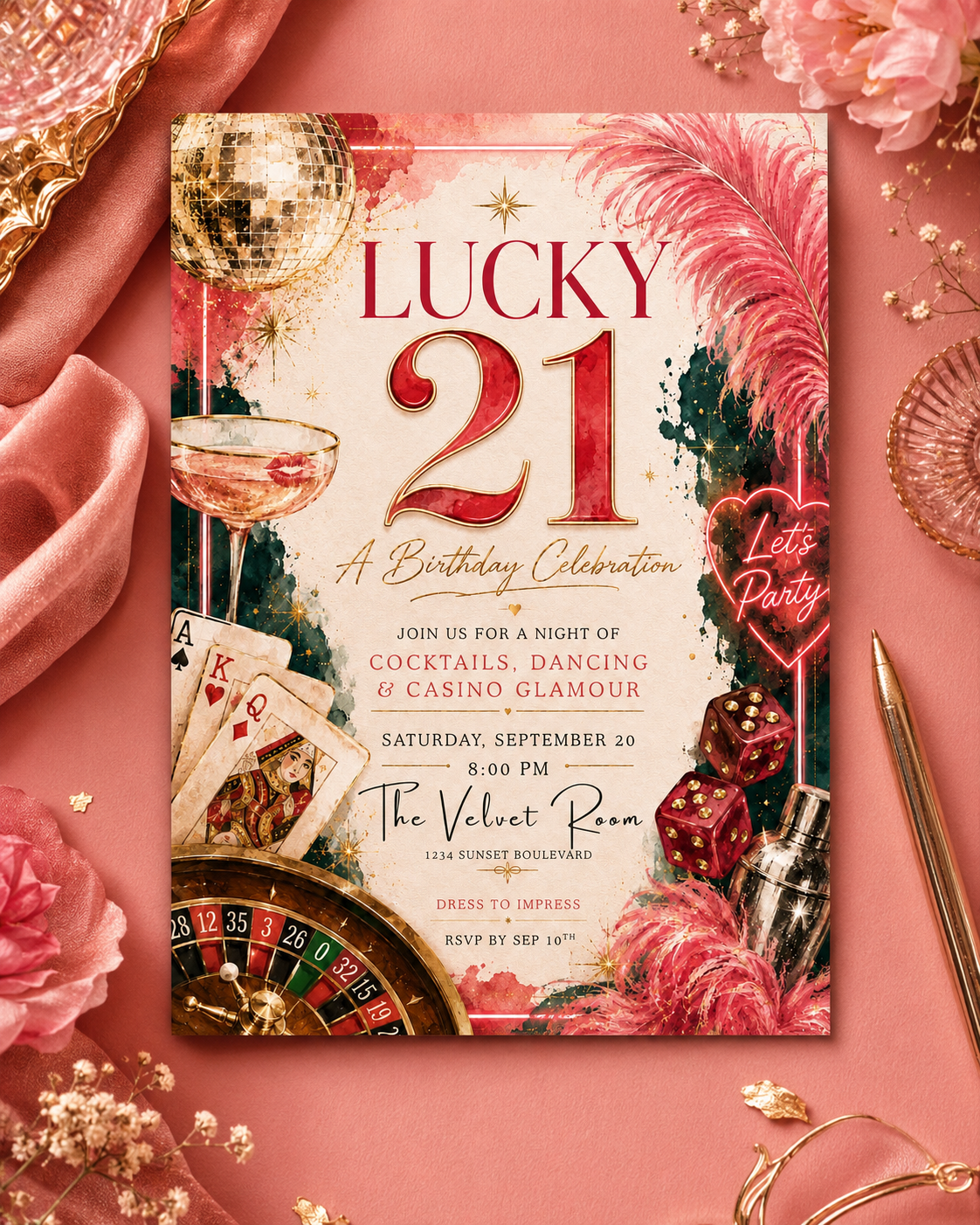A square birthday invitation card styled on a pink fabric background with decorative props including a gold tray, pink flowers, a pen, and a roulette wheel. The invitation features the text 'LUCKY 21' and a festive casino-themed design with feathers, a disco ball, cards, and a neon sign.