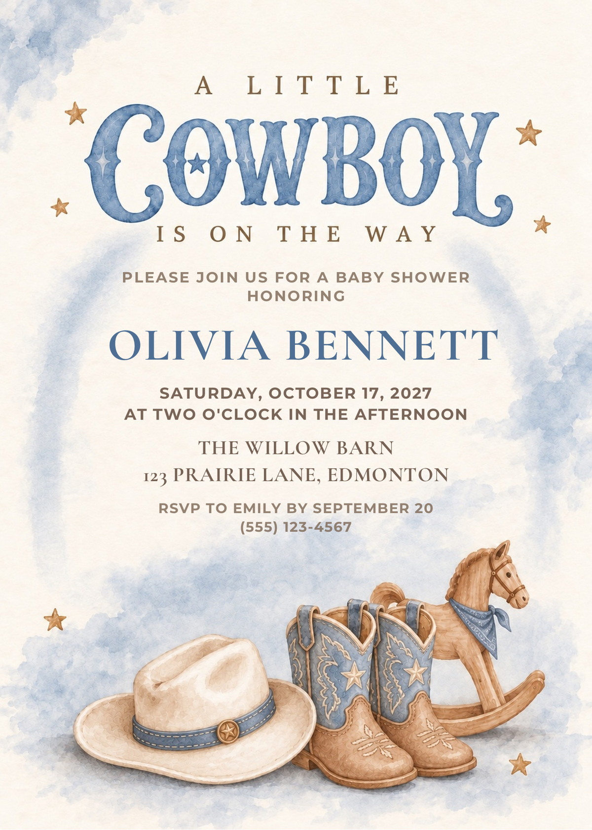 Blue Cowboy Baby Shower Invitation | Canva Template