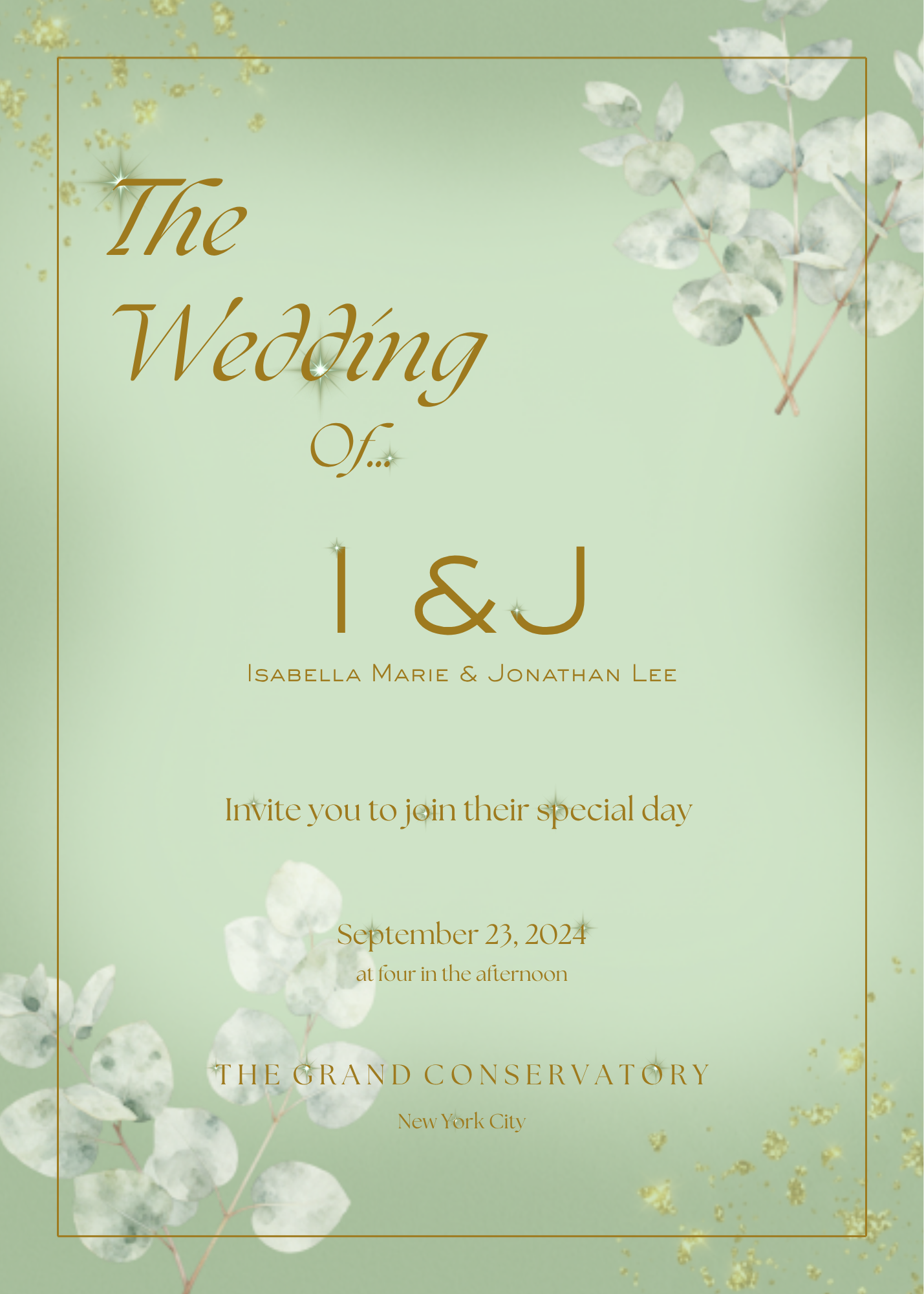A square wedding invitation card with a pale mint green background, gold border lines, and white floral illustrations in the corners. The text reads 'The Wedding Of I & J' with names, date, and venue below in gold lettering.