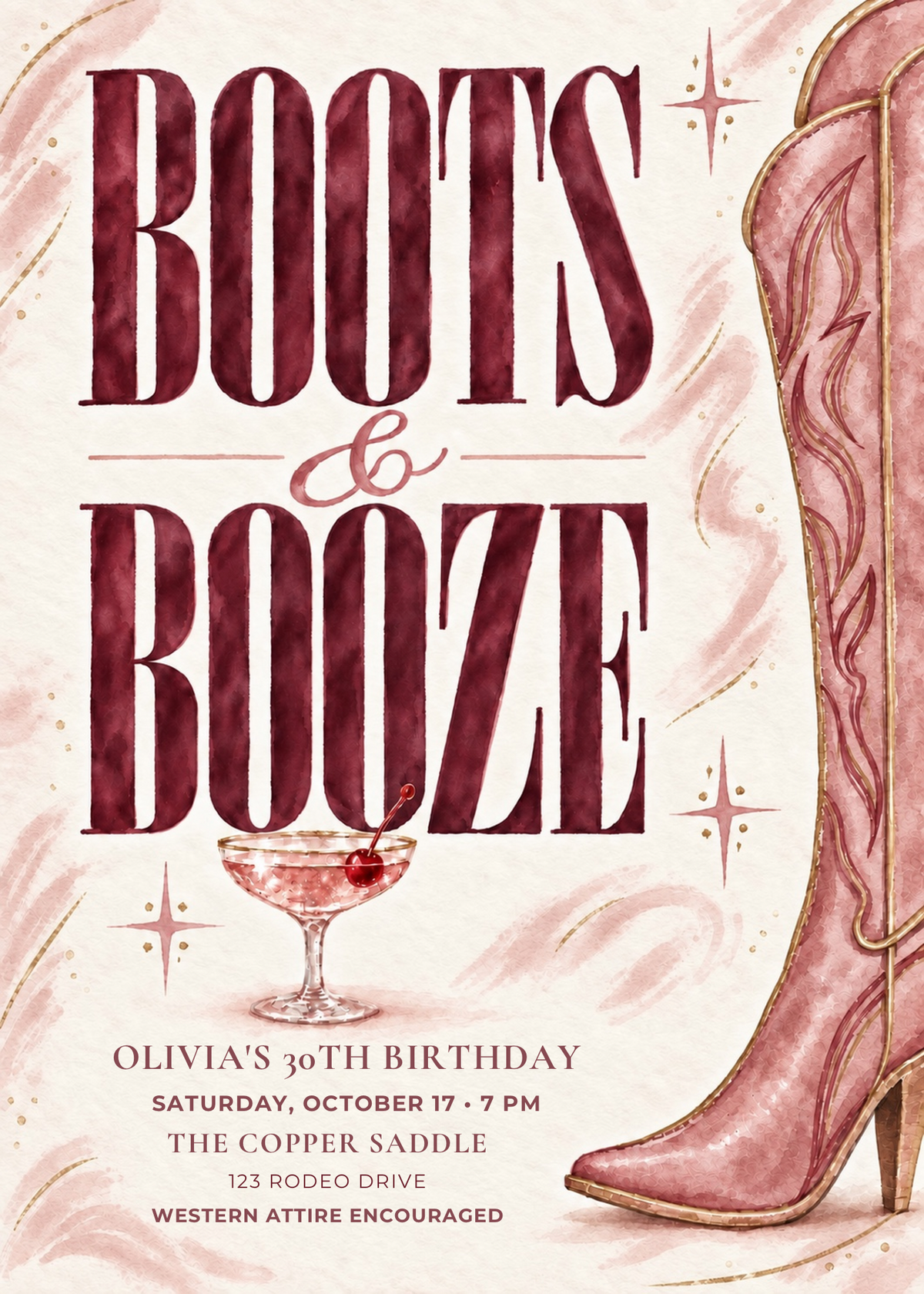 Boots & Booze Birthday Invitation Template | Pink Western Canva Invite