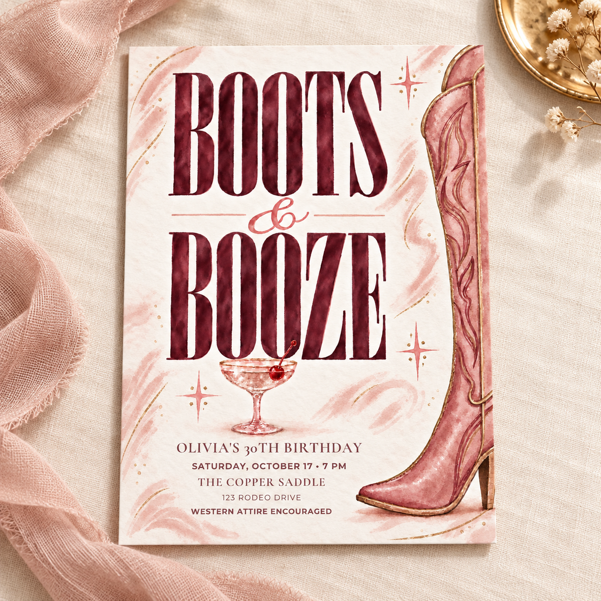 Boots & Booze Birthday Invitation Template | Pink Western Canva Invite