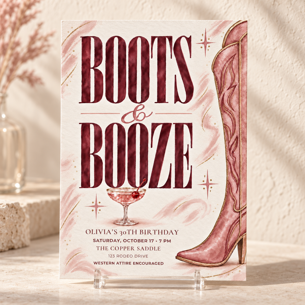 Boots & Booze Birthday Invitation Template | Pink Western Canva Invite