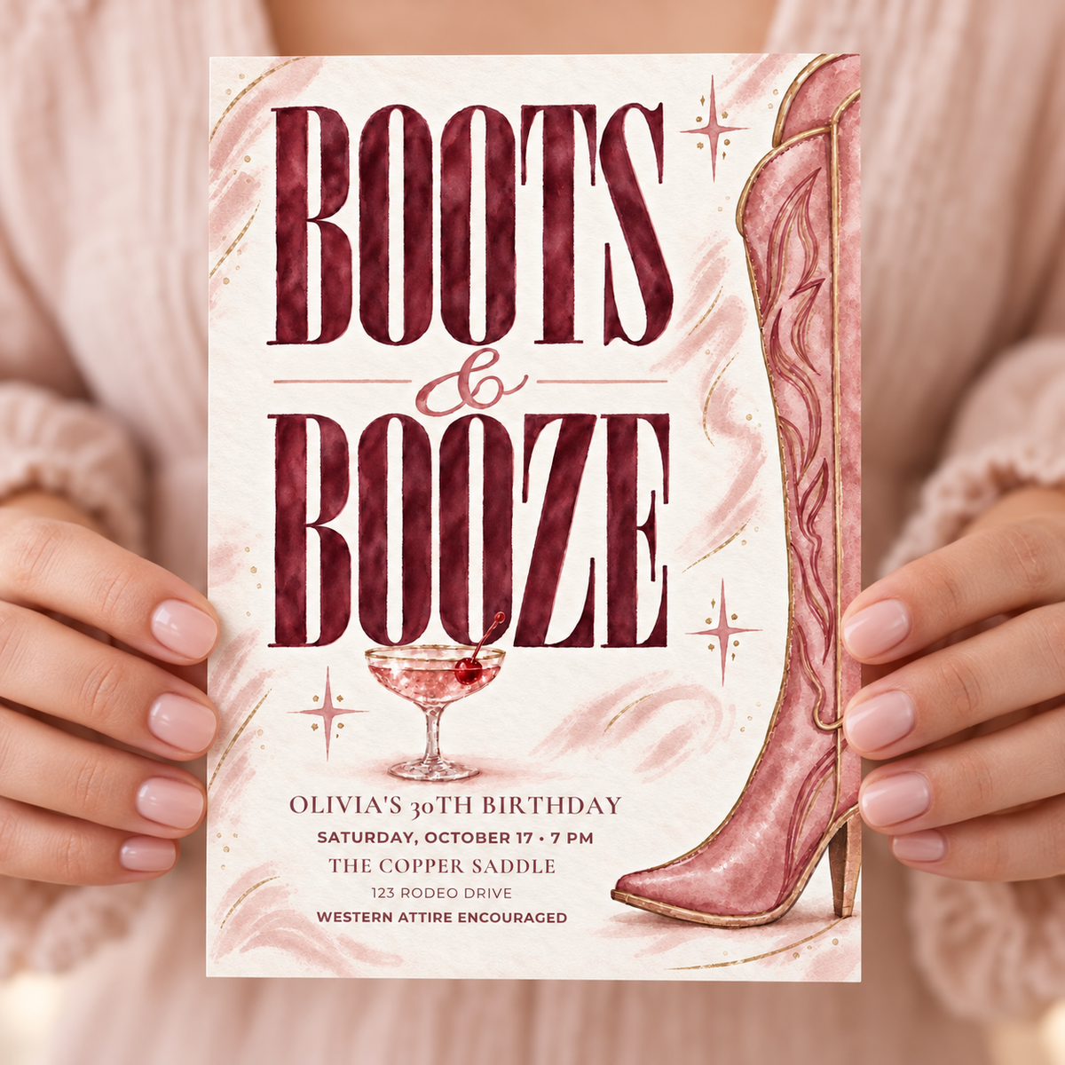 Boots & Booze Birthday Invitation Template | Pink Western Canva Invite