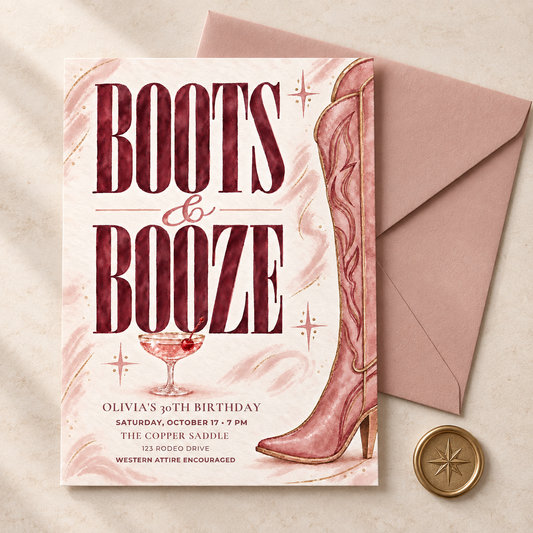 Boots & Booze Birthday Invitation Template | Pink Western Canva Invite