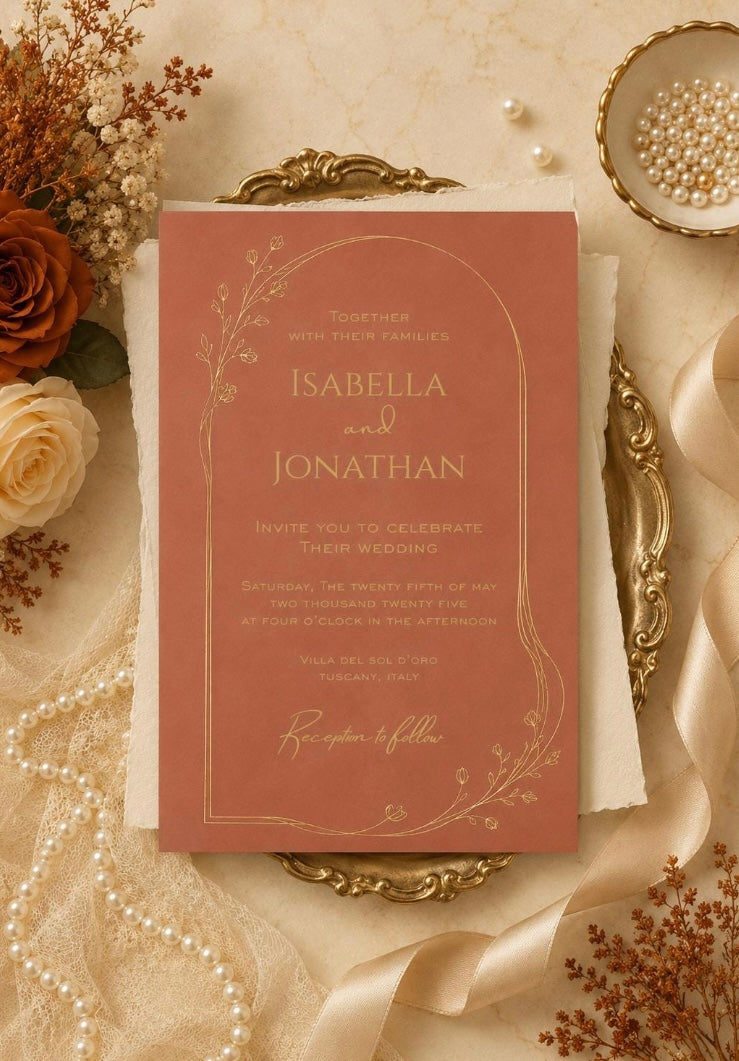 A dusty rose wedding invitation card with elegant gold foil lettering and botanical borders, styled in a flat lay with cream lace, pearls, dried flowers, and gold-toned decorative trays.