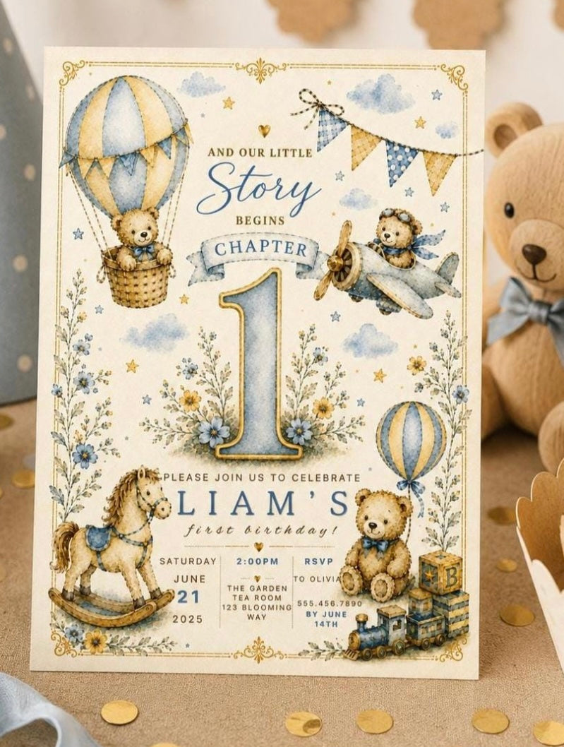 A first birthday invitation card featuring a whimsical teddy bear illustration theme with hot air balloons, a rocking horse, a toy train, and a large number one. The card is styled on a beige surface with gold confetti, next to a plush teddy bear.