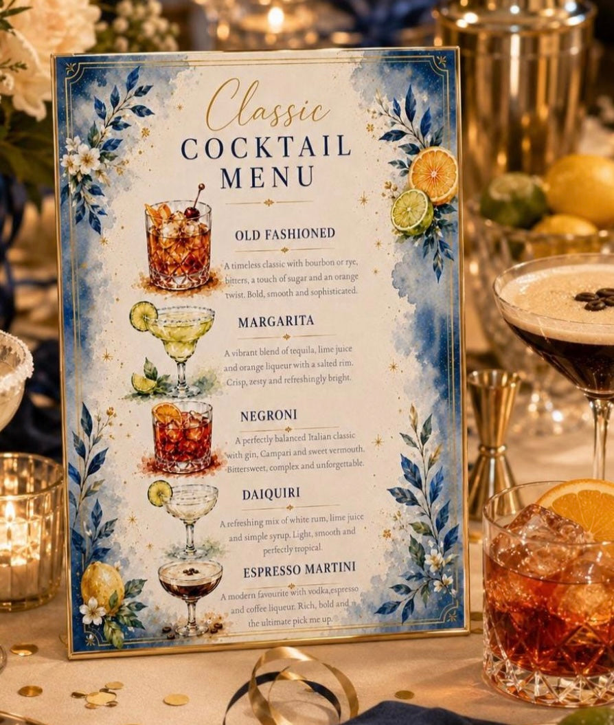 A decorative printed cocktail menu card displayed on a table in a bar or event setting, surrounded by drinks, candles, and citrus garnishes. The menu features watercolor-style blue floral borders, gold script and text accents, and illustrated cocktails including Old Fashioned, Margarita, Negroni, Daiquiri, and Espresso Martini.