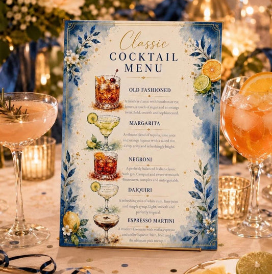 A vertical printed cocktail menu card with a blue watercolor floral design and illustrated drinks stands on a table between two filled cocktail glasses in a softly lit event setting.