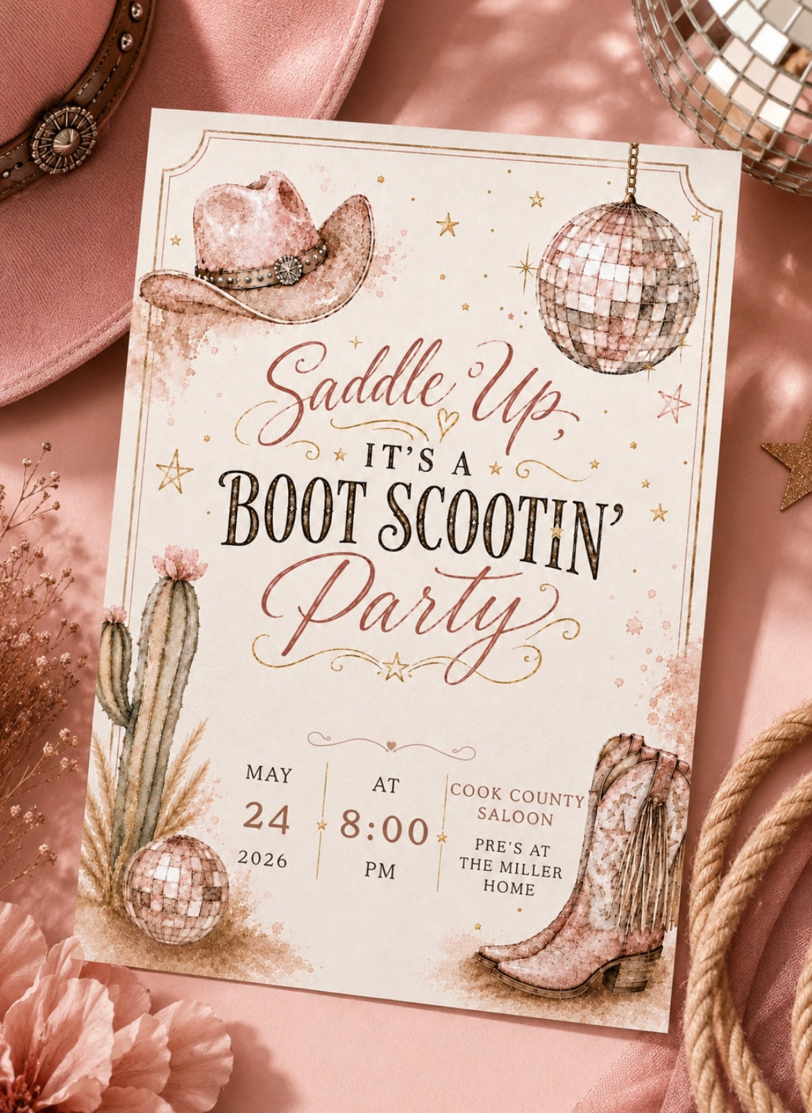 A western-themed party invitation card styled on a pink fabric background with a cowboy hat, rope, flowers, and disco ball props. The card reads 'Saddle Up, It's a Boot Scootin' Party' with event details below.