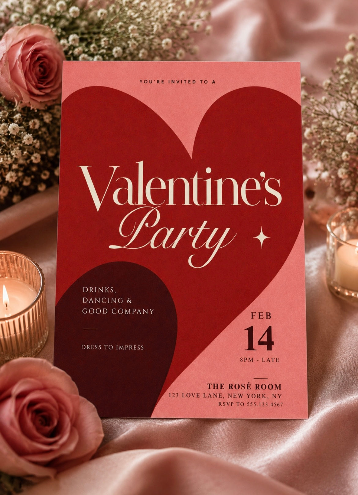 Valentine’s Day party invitation with bold red heart and pink vintage design