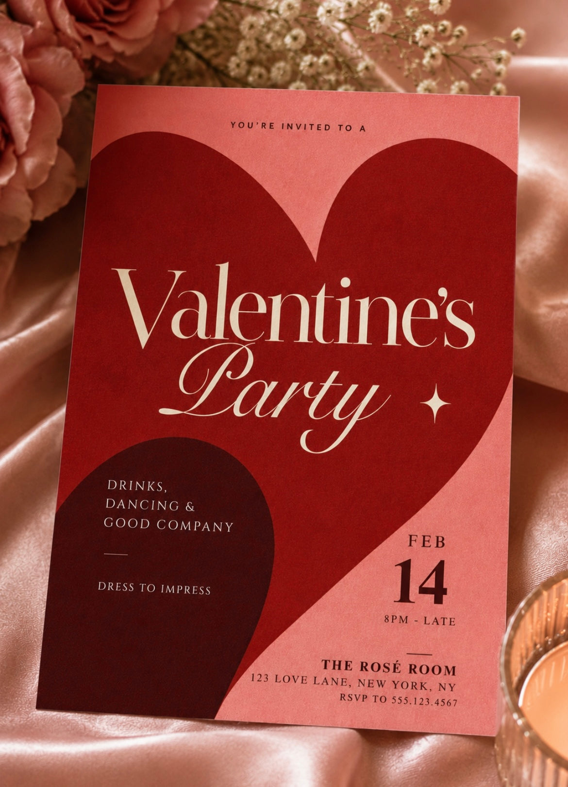 Chic Valentine’s party invitation with elegant typography and romantic heart design