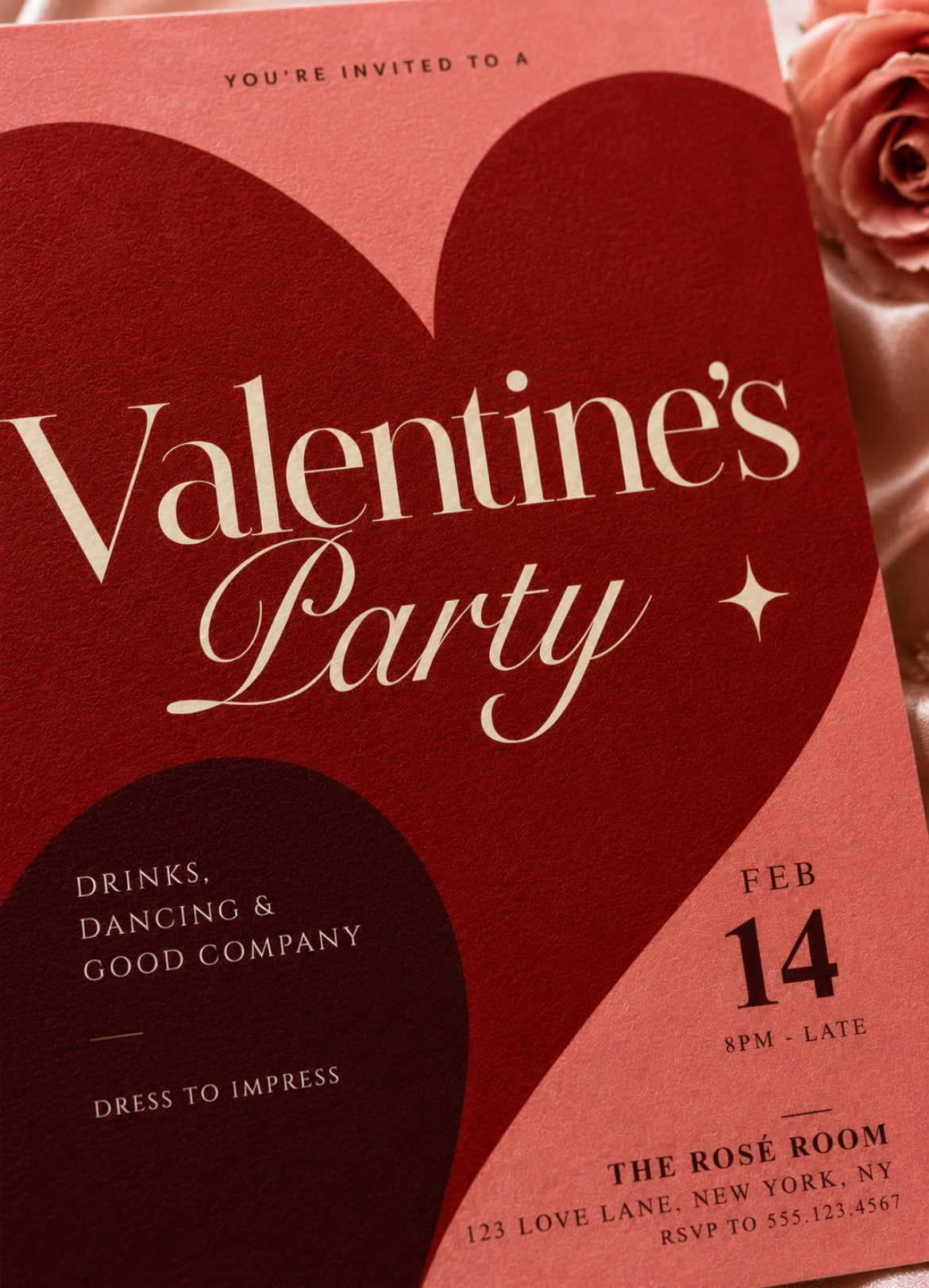 Editable Valentine’s Day party invitation Canva template with red and pink hearts