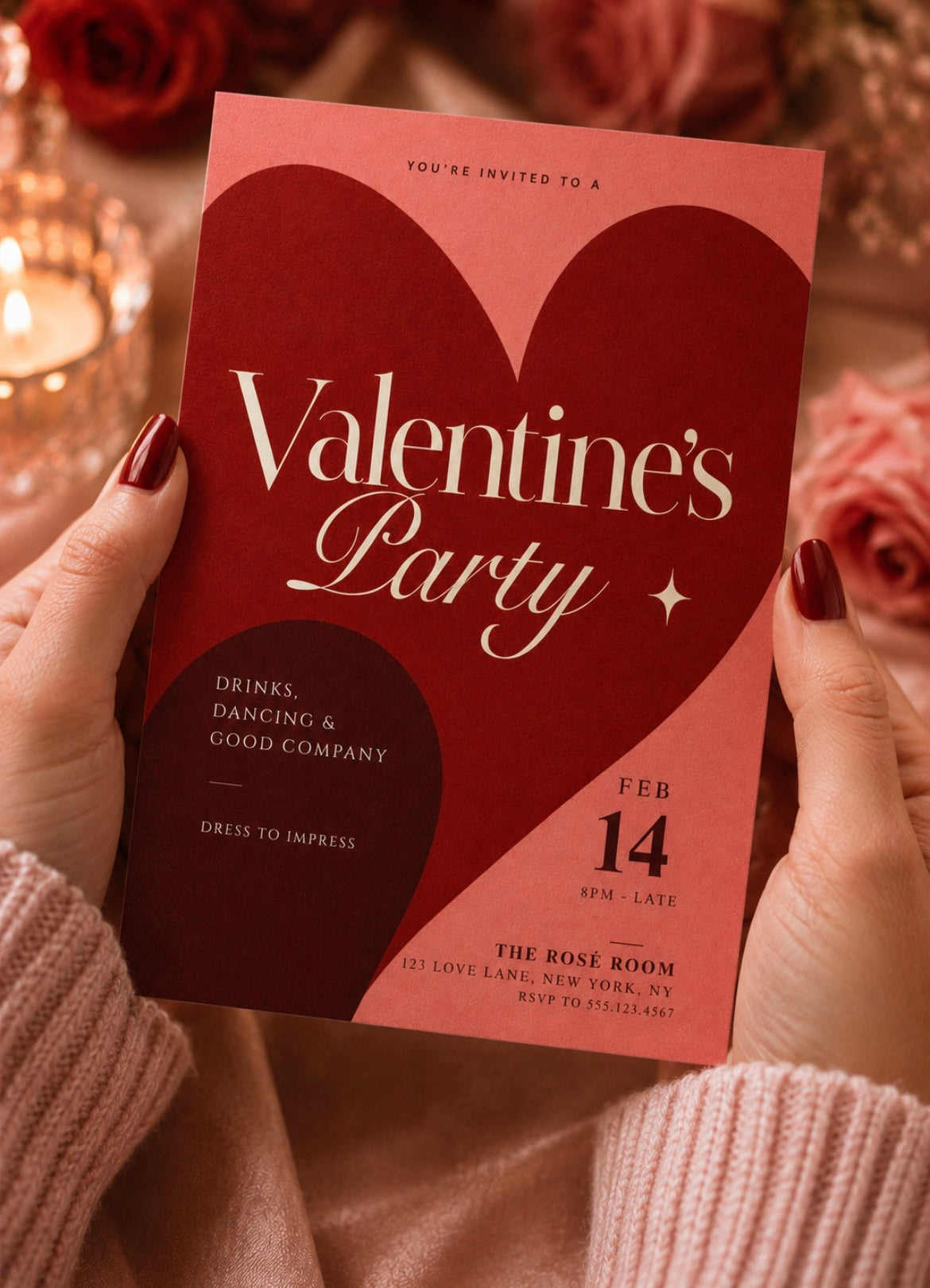 Printable Valentine’s Day cocktail party invitation with red and pink design