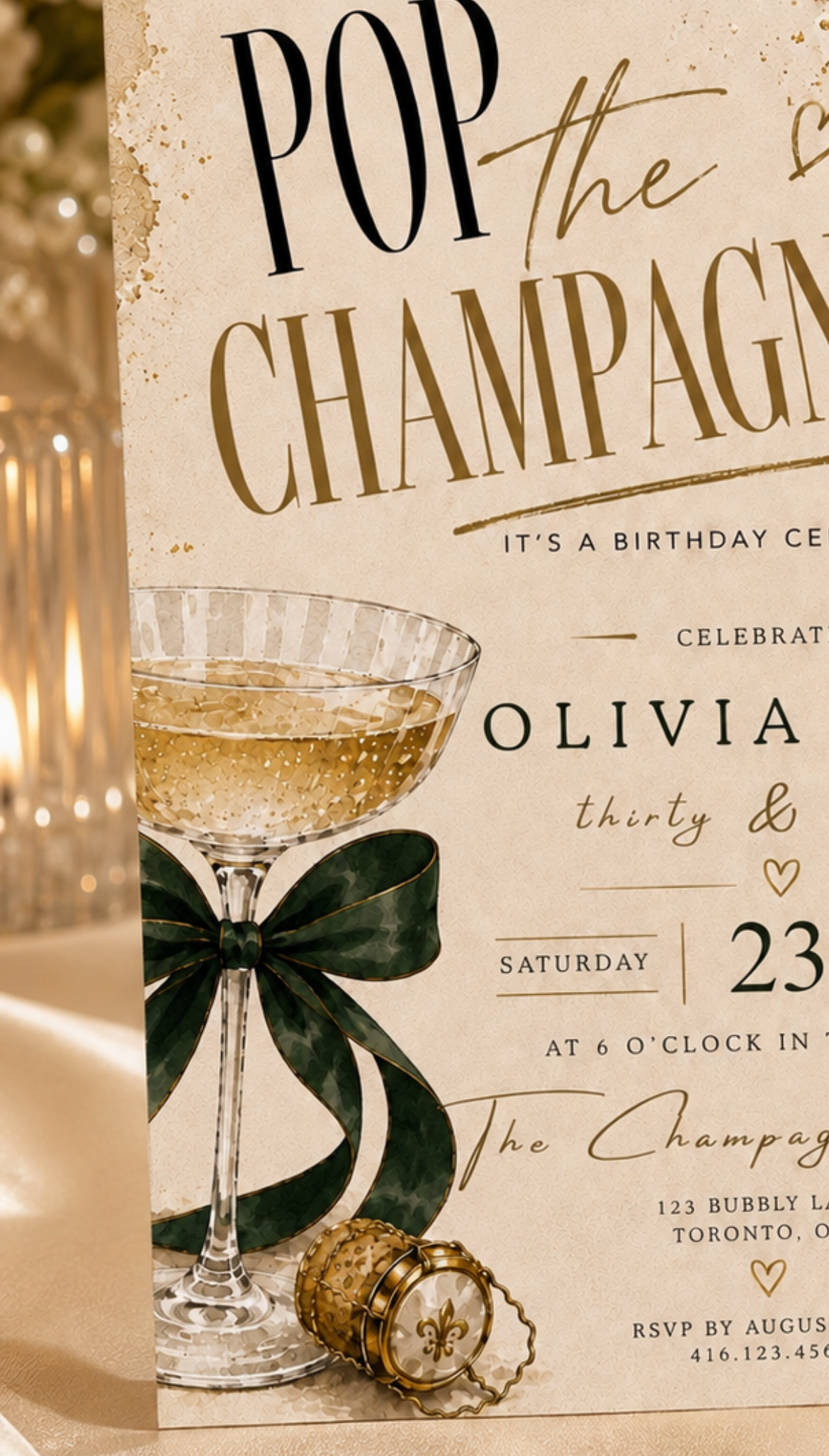 Printable champagne celebration invitation with elegant ivory green and gold design