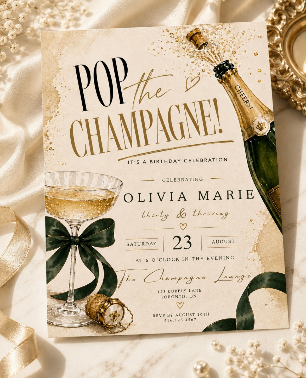 Pop the Champagne invitation with watercolor champagne bottle and luxury gold details