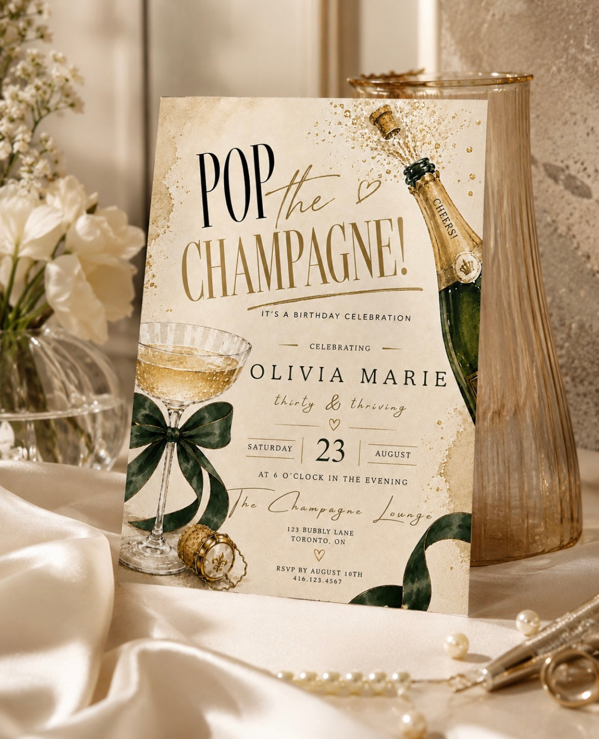 Editable champagne party invitation Canva template with elegant green and gold design